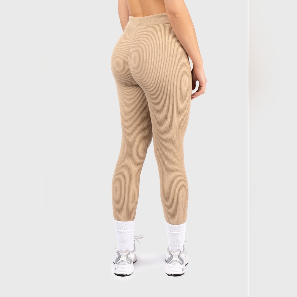 NWT Nu-in Beige Ribbed Athleisure Workout Leggings Organic Cotton Blend Size M